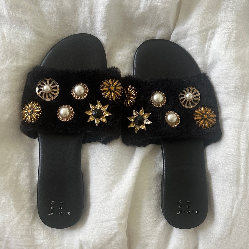 A New Day Black Embellished Faux-Fur Slide Sandals